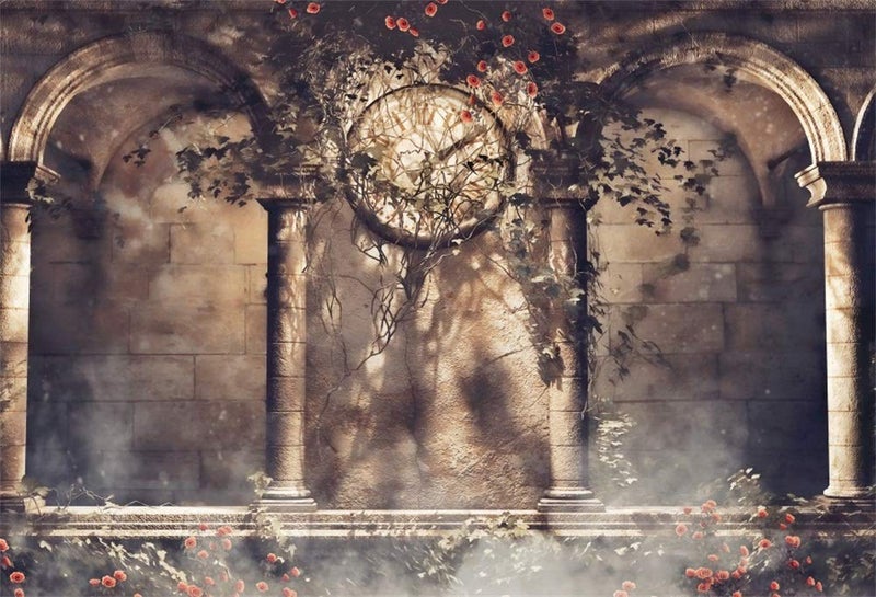Laeacco Retro Clock Gothic Backdrop 10x8ft Vinyl Photography Background Rose Ivy Arch Architecture Building Stone Wall Fantasy Scene Wedding Parties Backdrops - Image 3